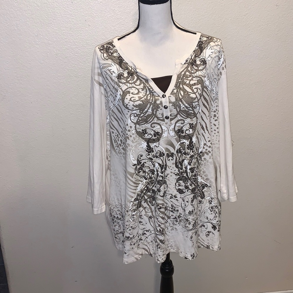 Women's White Scroll-Print Henley Tunic Top
